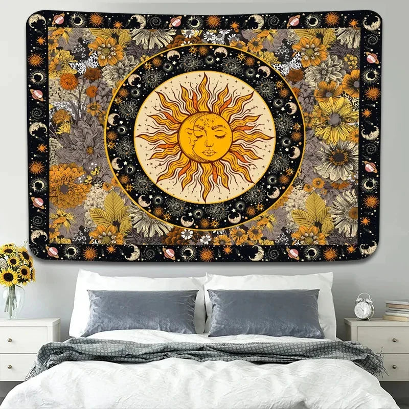 Decobites Sun Moon Vintage Boho Wall Tapestry Sunflowers Constellation Aesthetic