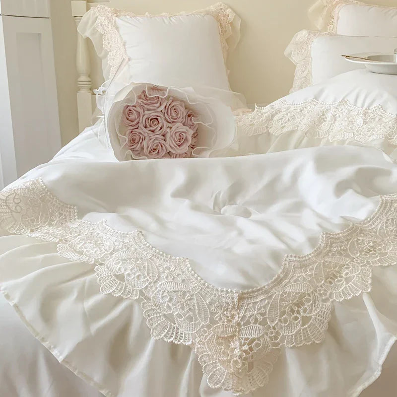 Decobites French Wedding Lace Ruffles Bedding Set