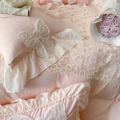 Decobites Romantic Lace Ruffles Bedding Set with Bow Decoration - Pink Girls Duvet Cover Set