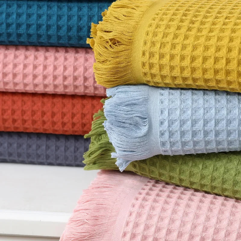 DecorBites™ Geometric Tassel Bath Towel - 100% Cotton, Quick-Dry, Multi-colored Waffle Design - 90x180cm