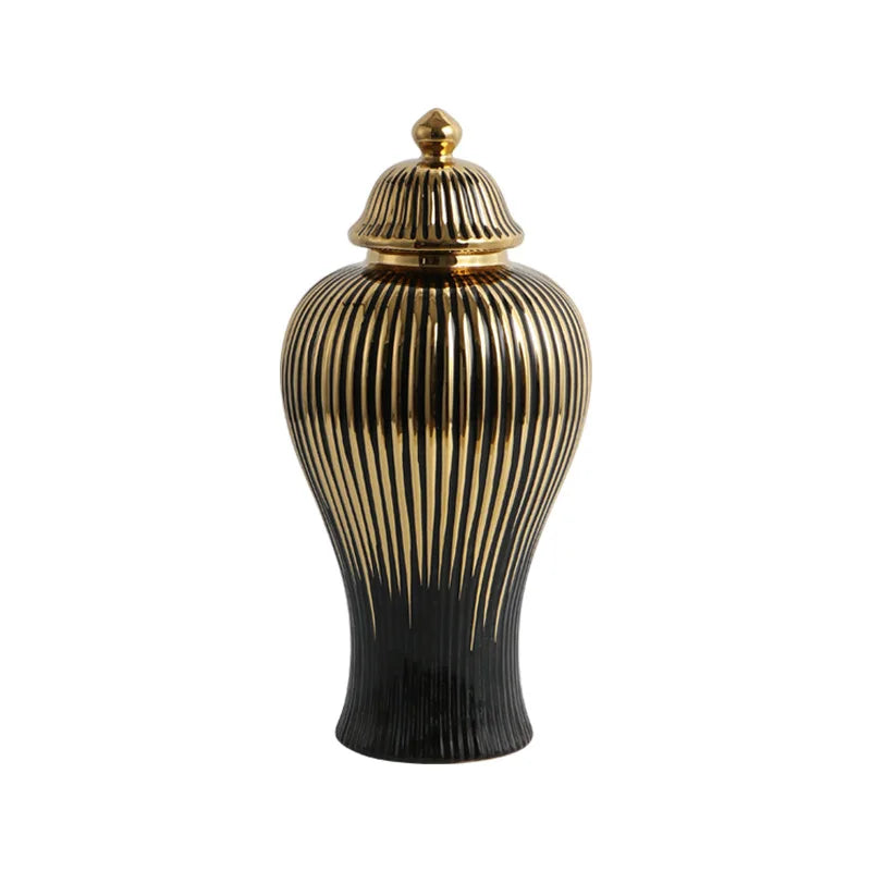 DecorBites™ Black Ceramic Checkmate Ginger Jar Vase with Gold Rim