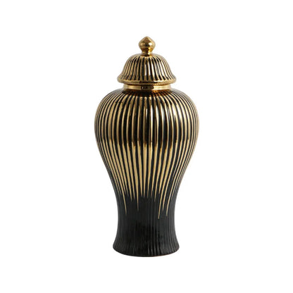 DecorBites™ Black Ceramic Checkmate Ginger Jar Vase with Gold Rim