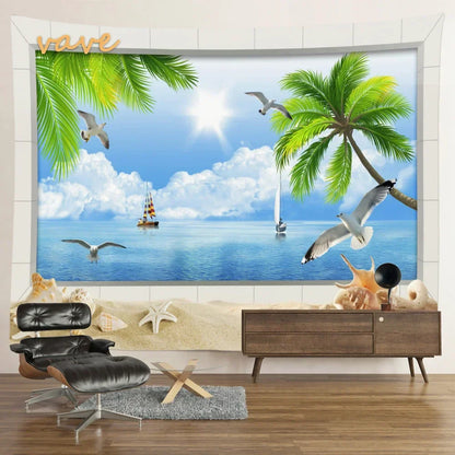 Scenic Sunset Palm Tree Tapestry by Decobites - Boho Beach Landscape Bedroom Decor