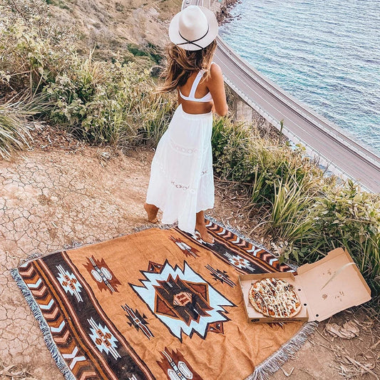 DecorBites™ Beach Blanket Sofa Cover - American Country Plaid Blanket - Cotton Tassel Throw Tapestry