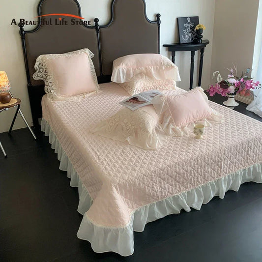 Decobites Pink Lace Ruffles Quilted Bedspread 250x260cm Bed Cover - Summer Quilt