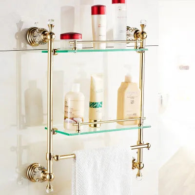 DecorBites™ Brass and Crystal Bathroom Accessories Set: Shelf, Robe Hook, Paper Holder, Brush Holder
