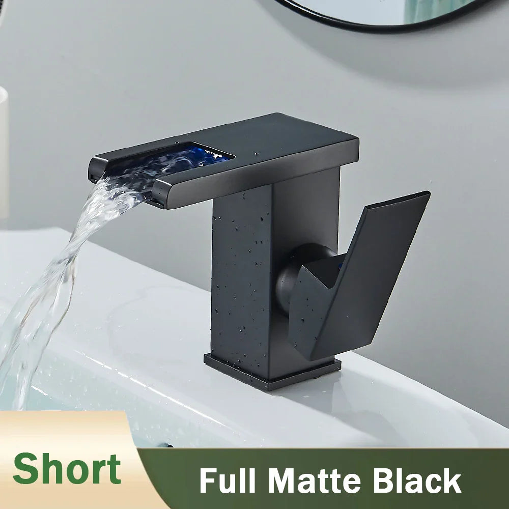 Grifo de Lavabo en Cascada LED Negro Decorbites™: Montado en Cubierta Mezclador Hidroeléctrico