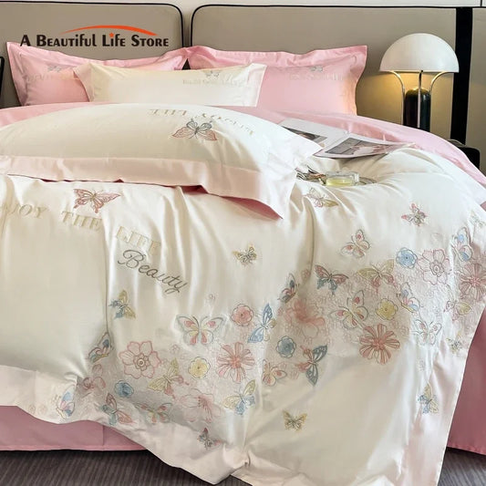 Decobites Luxury Butterfly Flowers Embroidery White/Pink Bedding Set