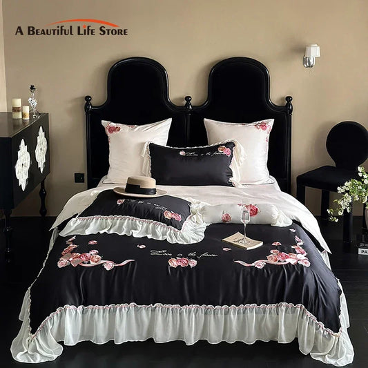 Decobites Floral Lace Princess Wedding Bedding Set with Lyocell Cotton Duvet Cover & Ruffles