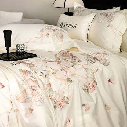 Decobites Luxe Butterfly Flowers Embroidery Bedding Set 800TC Egyptian Cotton Duvet Covers Sheets Pillowcases