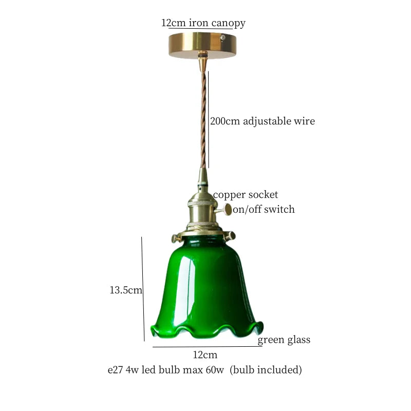 Green Glass Pendant Lamp Copper Base LED Included