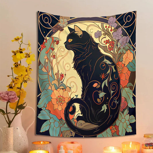 Decobites Black Cat Tapestry Wall Hanging - Psychedelic Floral Art for Cat Lovers