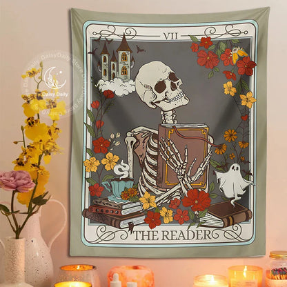 Decobites Reader Tarot Card Tapestry: Mystical Skeleton Wall Hanging for Home Decor