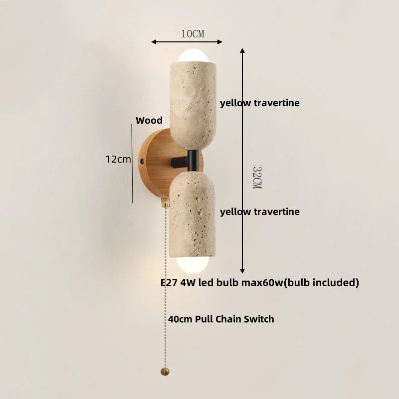 DecorBites™ LED Wall Light Fixture Travertine Stone Wood Canopy Bedside Lamp