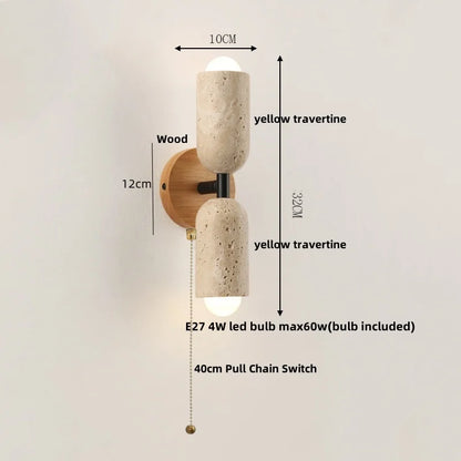 DecorBites™ LED Wall Light Fixture Travertine Stone Wood Canopy Bedside Lamp