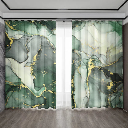 Decobites Green Marble Rod Pocket Curtains for Home Decoration