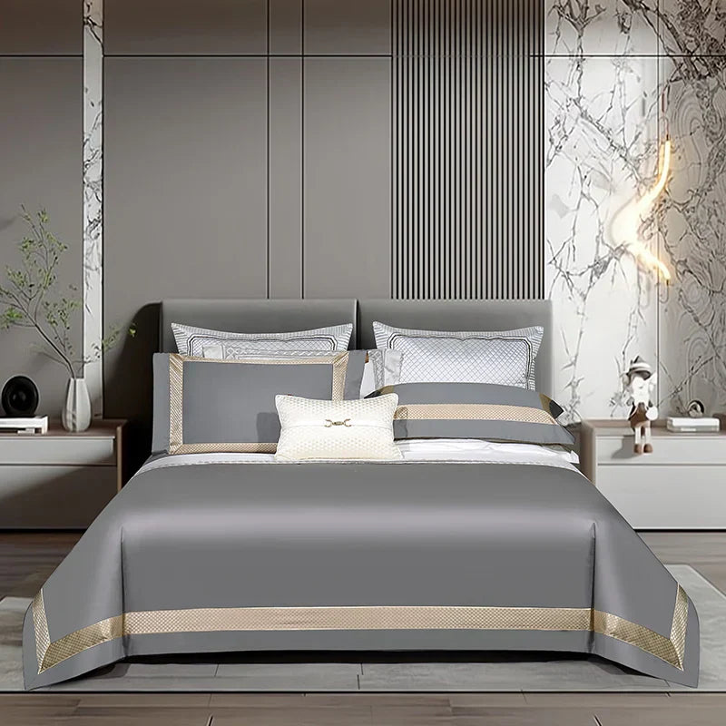 DecorBites™ 1000TC Egyptian Cotton Luxury Bedding Set with Gold Embroidery - Solid Color