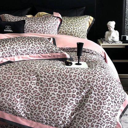 Pink Leopard Jacquard Lyocell Cotton Bedding Set by Decobites - Queen King Size Soft Silky Bed Set