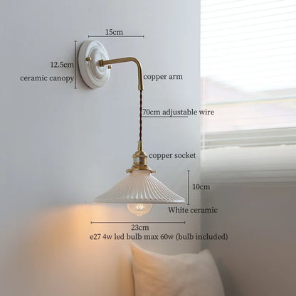 DecorBites™ Copper Ceramic LED Wall Light with Pull Chain Switch for Living Room Decor.