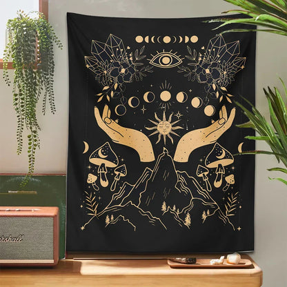 Moon Phase Magic Mushrooms Tapestry Wall Hanging by Decobites - Hippie Witchcraft Home Decor