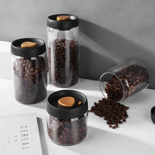 DecorBites™ Glass Vacuum Sealed Coffee Beans Canister Home Kitchen Food Storage Jar