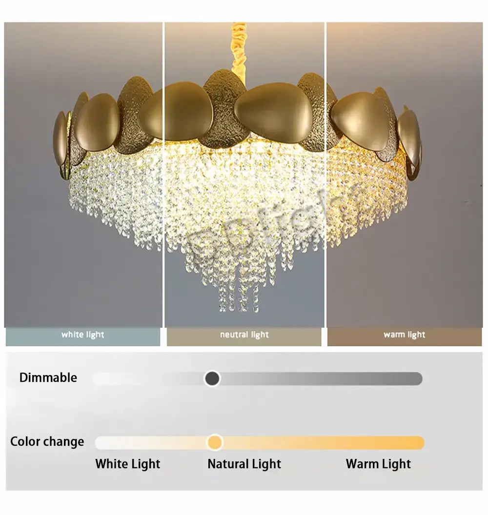Luxury gold crystal led ceiling chandelier featuring a textured pebble-like upper ring and cascading clear crystal droplets for living room use.
