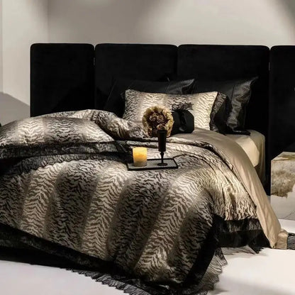 DecorBites™ Black Lace Leopard Print 1000TC Egyptian Cotton Bedding Set 4Pcs