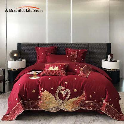 DecorBites™ Gold Swan Love Wedding Bedding Set, Egyptian Cotton, 1000TC, 4 or 6Pcs