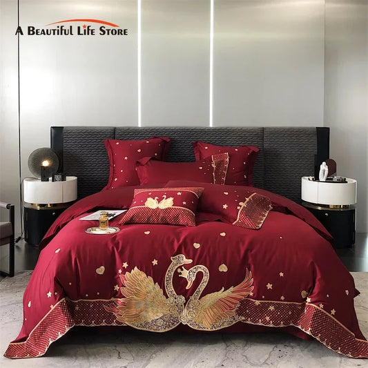 DecorBites™ Gold Swan Love Wedding Bedding Set, Egyptian Cotton, 1000TC, 4 or 6Pcs