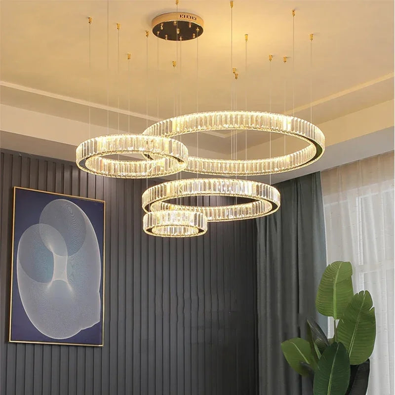 DecorBites™ Golden Crystal Chandelier: Nordic Modern Luxury LED Hanging Halo for Living Room