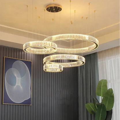 DecorBites™ Golden Crystal Chandelier: Nordic Modern Luxury LED Hanging Halo for Living Room