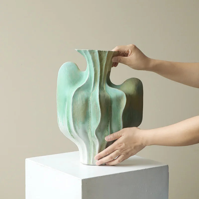 DecorBites™ Geometric Ceramic Vase with Abstract Irregular Folds | Home Decor Handicrafts