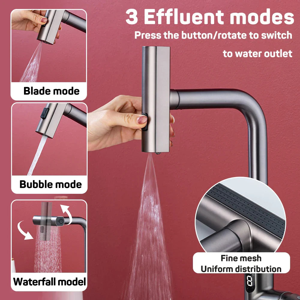 DecorBites™ Digital Display Waterfall Kitchen Sink Faucet with Pull Out Sprayer