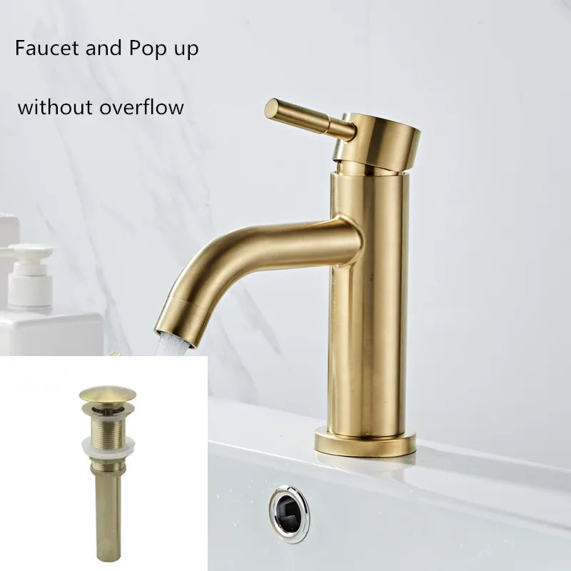 Grifo de lavabo DecorBites™ en oro cepillado: latón macizo, mezclador de agua fría y caliente, monomando