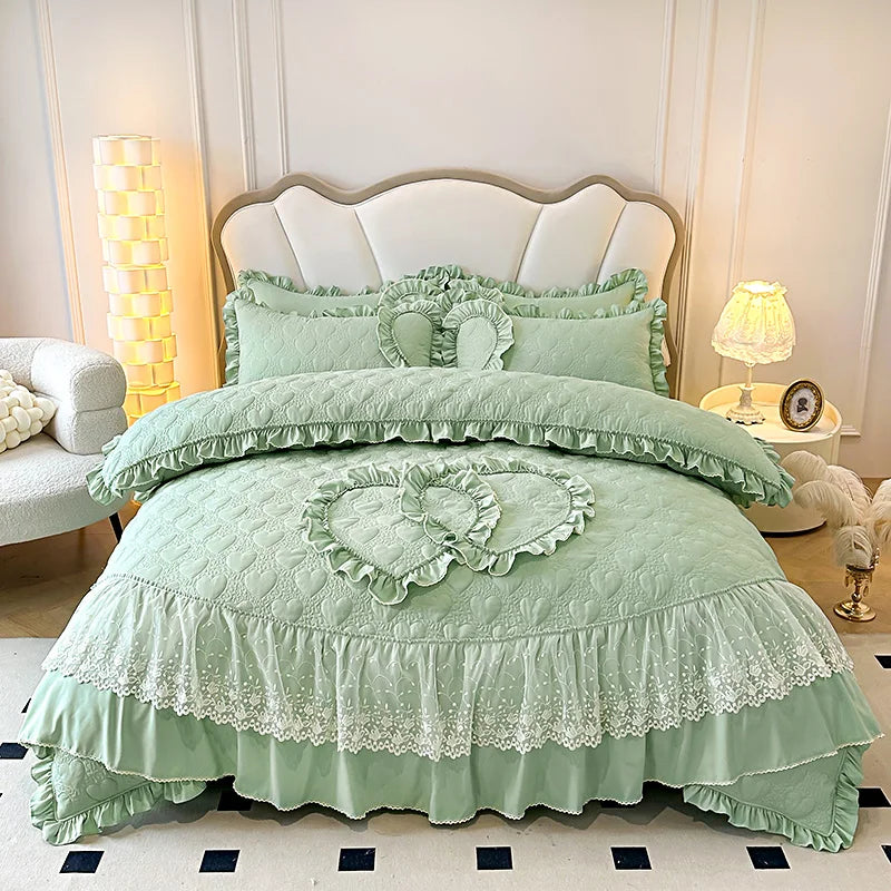 Decobites Korean Princess Style Bedding Set with Lace Ruffles and Love Theme