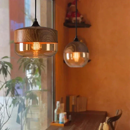 DecorBites™ Glass Wood Chandelier LED Pendant Light Fixture for Living Dining Bedroom