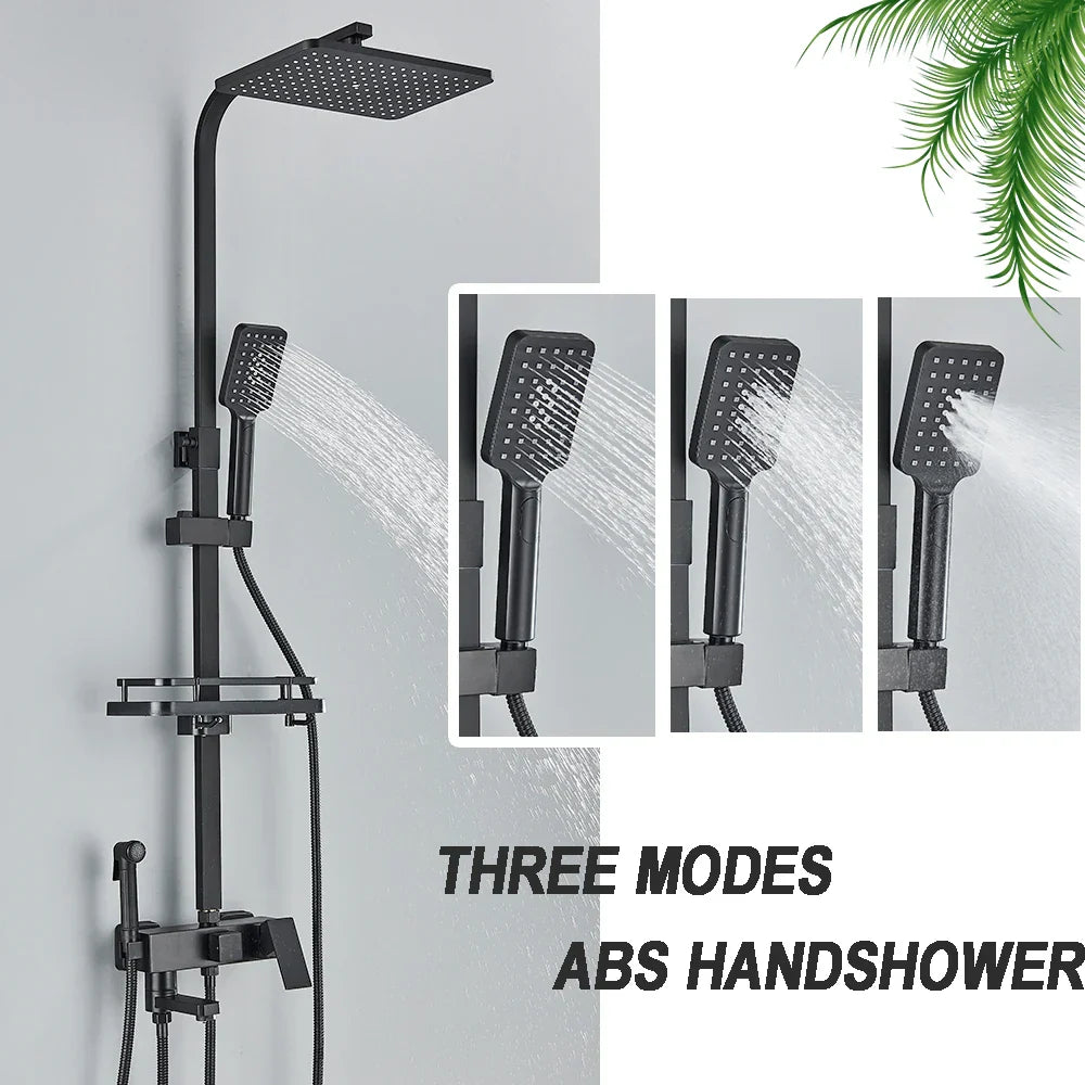 DecorBites™ Black Brass Shower Faucet Set Rainfall Bathtub Tap With Bathroom Shelf