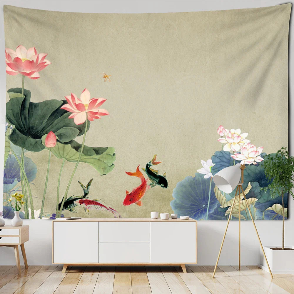 Decorbites™ Koi-Lotus-Tinten-Gobelin-Wandbehang – Bohème-Ästhetik für die Hausdekoration