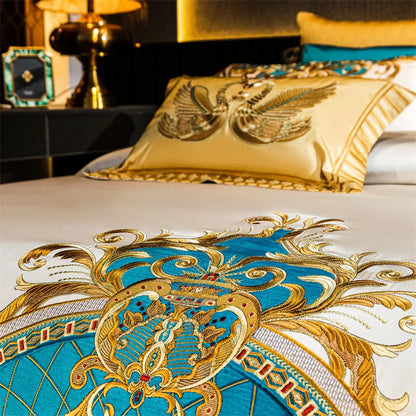 Decobites Embroidered Gold Blue Brocade Cotton Bedding Set with Duvet Cover, Sheets, Pillowcases