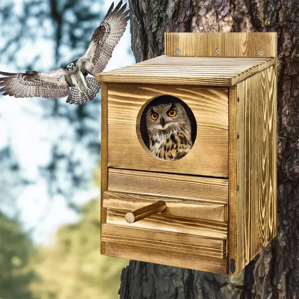 DecorBites™ Handmade Wooden Screech Owl House - Outdoor Nesting Box