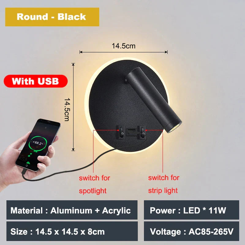 مصباح حائط DecorBites™ قابل للتعديل بقوة 10 وات مع مفتاح - غرفة نوم فندقية للدراسة والقراءة