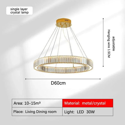 DecorBites™ Golden Crystal Chandelier: Nordic Modern Luxury LED Hanging Halo for Living Room