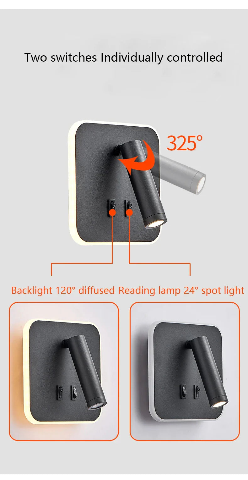 DecorBites™ LED Wall Lamp USB Charging Bedroom Hotel Bedside Reading Sconce Switch