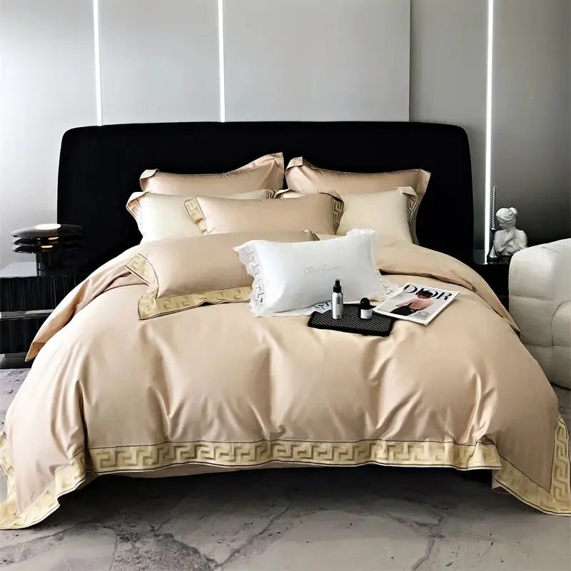 Conjunto de edredón con bordado de oro Decorbites™, Ropa de cama de algodón egipcio negro, 1000TC, Doble Rey Reina
