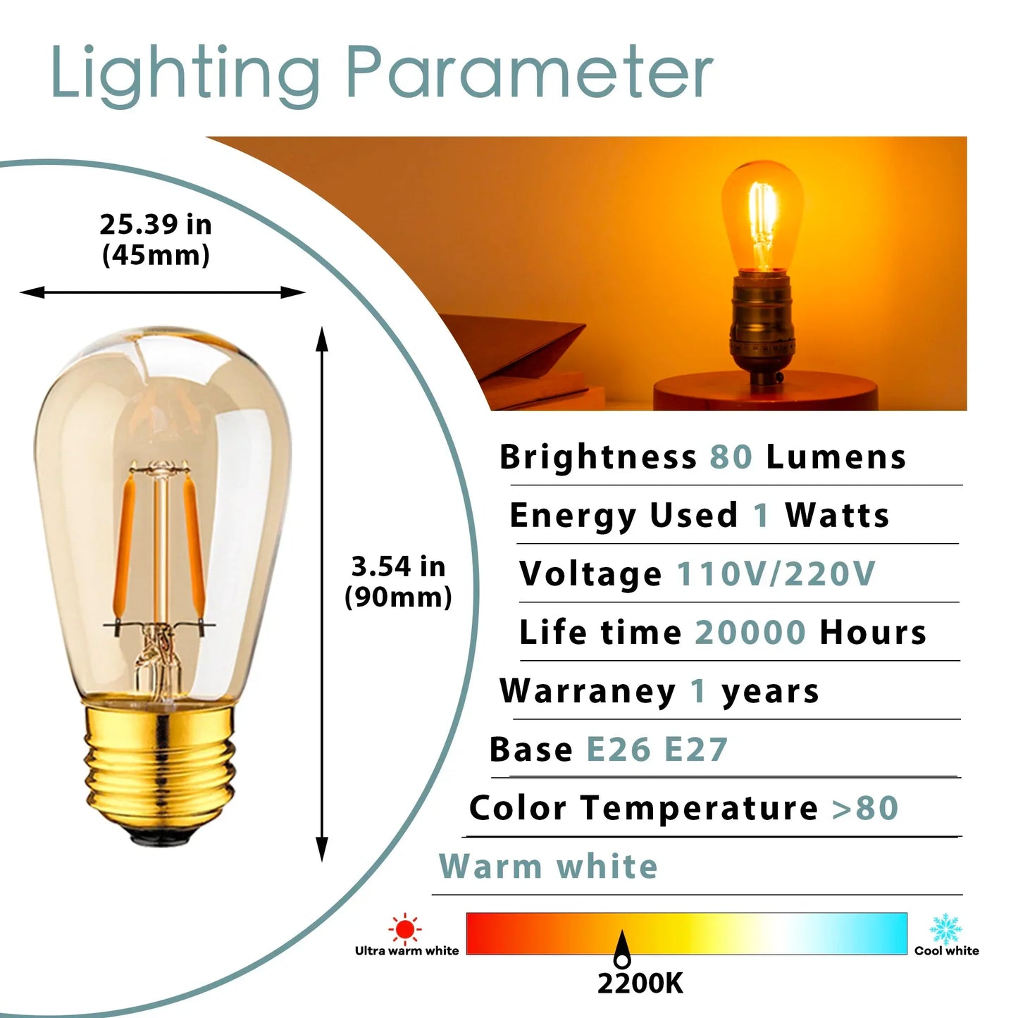 لمبة إيديسون LED قابلة للتعتيم E27 من ديكوربايتس™ بقوة 1 وات ST45 بلون العنبر الزجاجي، عبوة من 10 قطع
