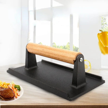 DecorBites™ Heavy Cast Flat Iron Steak Weight with Wooden Handle