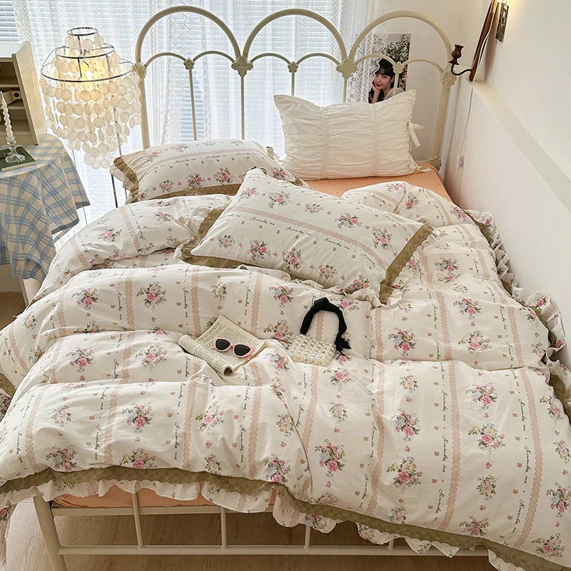 DecorBites™ French Floral Print Double Layer Lace Ruffles Bedding Set