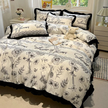 DecorBites™ Korean Black White Hepburn Style Bedding Set with Lace Fitted Sheet Set