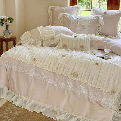 Decobites Rose Lace Ruffles Princess Wedding Bedding Set with 1000TC Egyptian Cotton