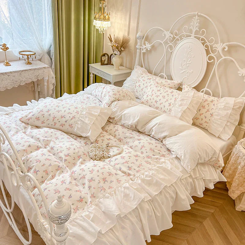 Decobites Cotton Floral Print Bedding Set with Pleat Lace Ruffles, 4-Piece Ensemble